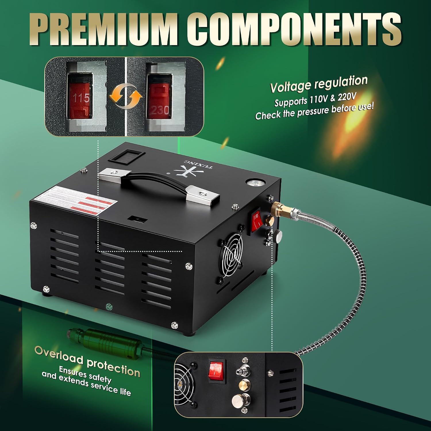 TUXING 4500Psi Pcp Air Compressor | 30Mpa 300Bar High Pressure Air Pump | Oil/Water-Free | Powered by Car 12V DC or Home 110V AC with Converter | Pump for PCP Air Rifle,Paintball Airguns