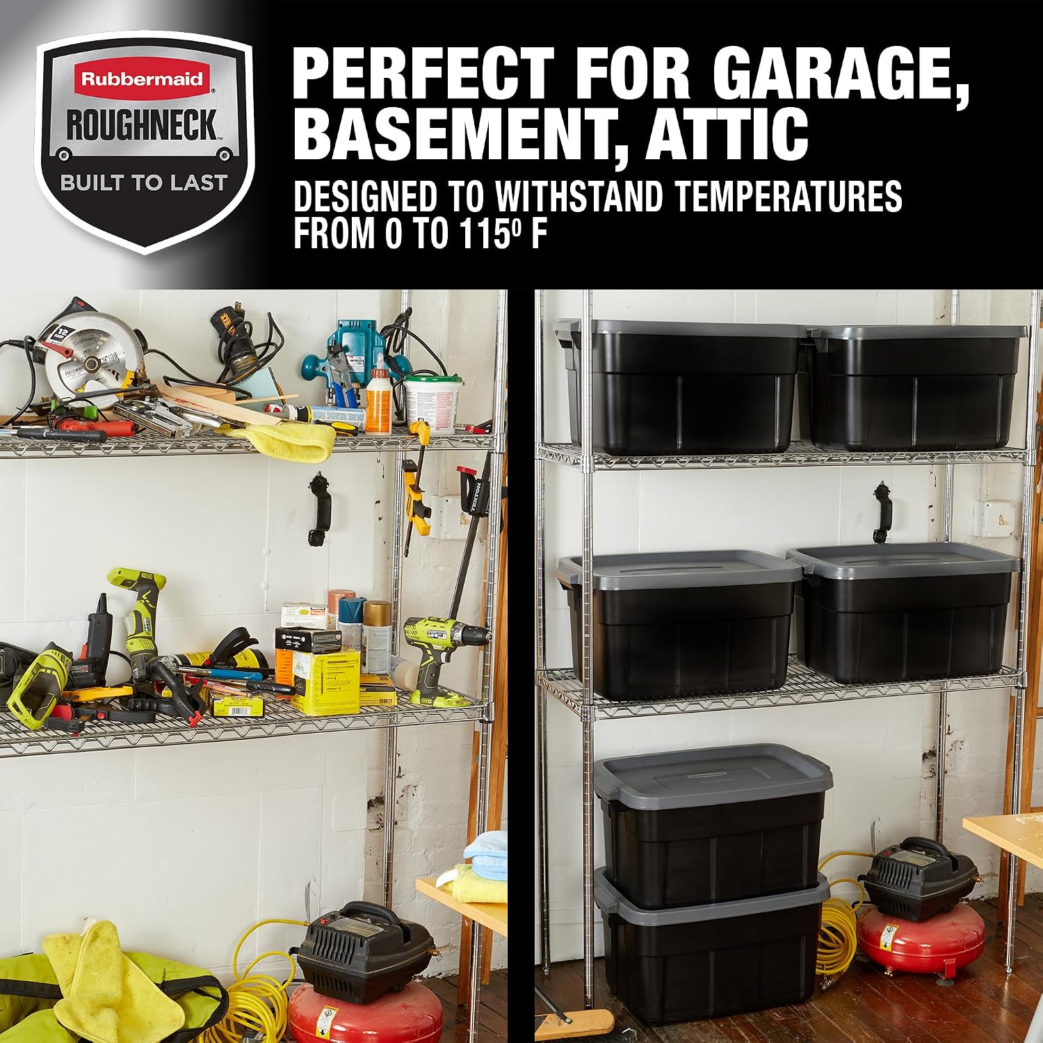 Rubbermaid Heavy Duty Black Storage Bins Plastic Totes with Lids for Storage, Stackable, Large Capacity, Durable, Multipurpose, 14 GAL, 6 Pack (14 GAL - 6 Pack Solid Black and Grey)