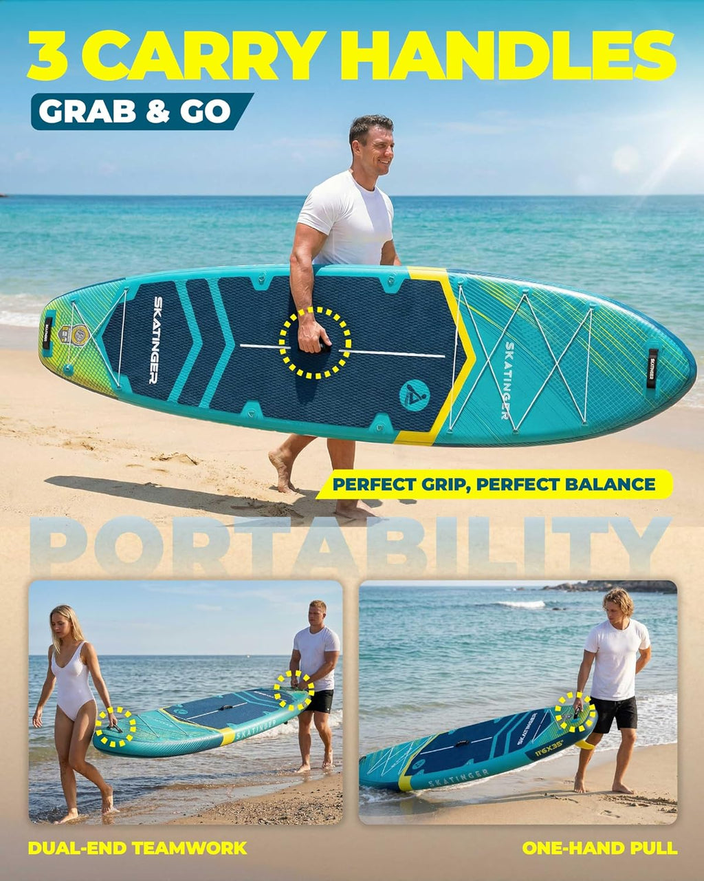 Skatinger 11'6×35' Super Wide Inflatable Paddle Board, Ultra Stable Stand Up Paddleboards for 450lb/3 People/Family/Big Size w/Shoulder Strap, 100L Backpack, Ultra-Light All-Round Sup Board