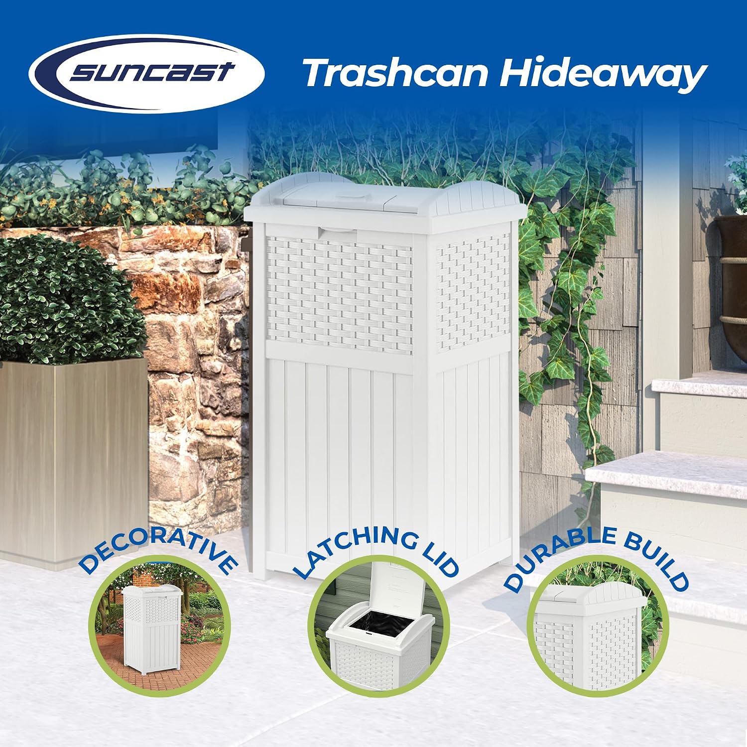 Suncast Wicker Plastic Outdoor Hideaway 33 Gallon Trash Can Bin with Latching Lid for Backyard, Deck, or Patio Use, White (2 Pack)