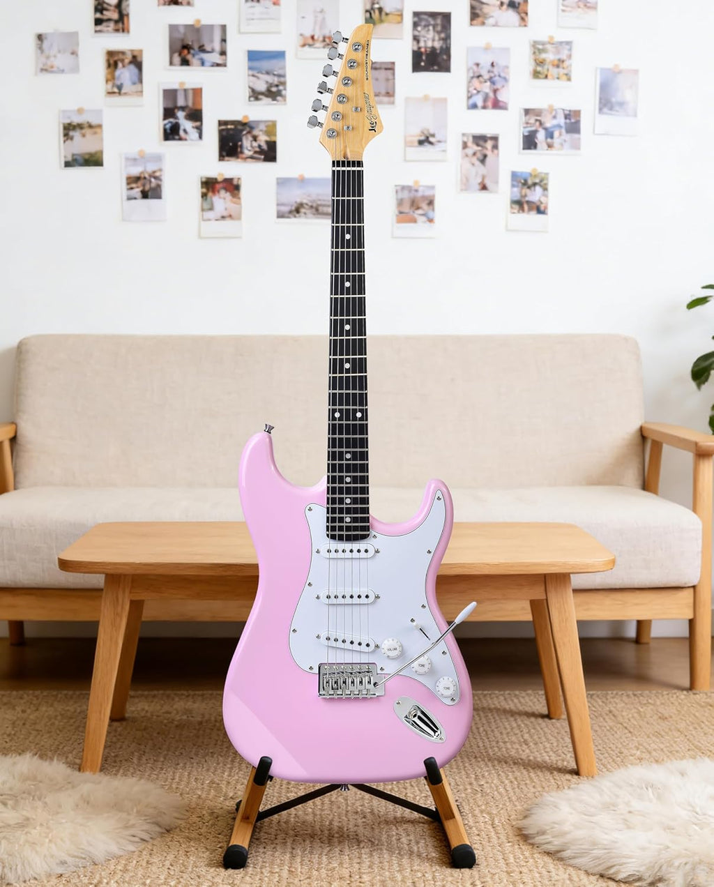Leo Jaymz Beginner Electric Guitar Complete Kit with Portable Amp, Padded Gig Bag & Full Accessories, Maple Neck SSS Pickups (Pink)