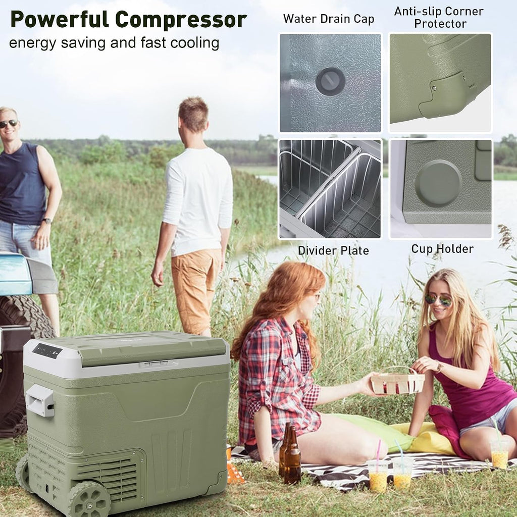 Portable 50L Car Refrigerator with Wheels & Pull Rod - Temperature Display (-4℉-68℉) electric coolers for vehicles, 12/24V DC & 100-240V AC - Ideal Car Freezer for Camping, RV, Home & Outdoor