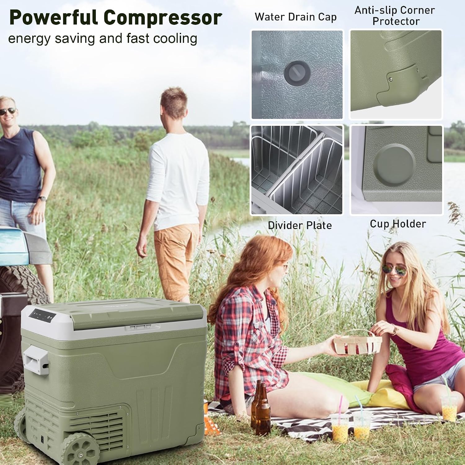 Portable 50L Car Refrigerator with Wheels & Pull Rod - Temperature Display (-4℉-68℉) electric coolers for vehicles, 12/24V DC & 100-240V AC - Ideal Car Freezer for Camping, RV, Home & Outdoor