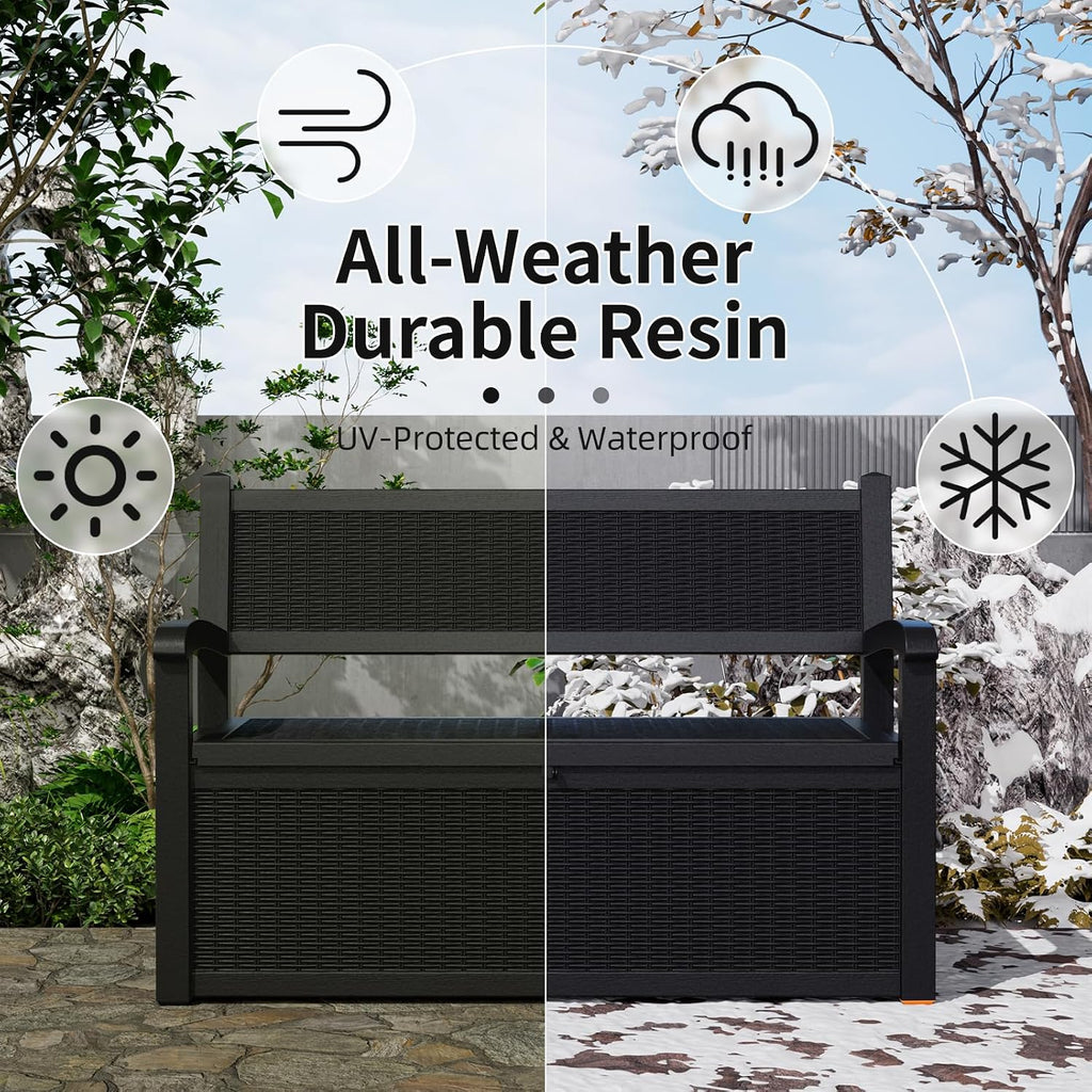 70 Gallon Storage Bench Deck Box Resin Patio Furniture with Armrest, Waterproof and UV Resistant Lockable for Patio Furniture, Garden Decor and Outdoor Seating for Cushions, Garden Tools,Black