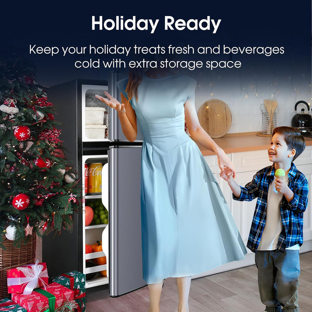 Anypro 2.9 Cu.Ft Fridge with Freezer, Double Door Refrigerator with 7-Level Temperature Control, LED Light, Adjustable Shelves for Bedroom, Office, Dorm, and Apartment, Blue Silver