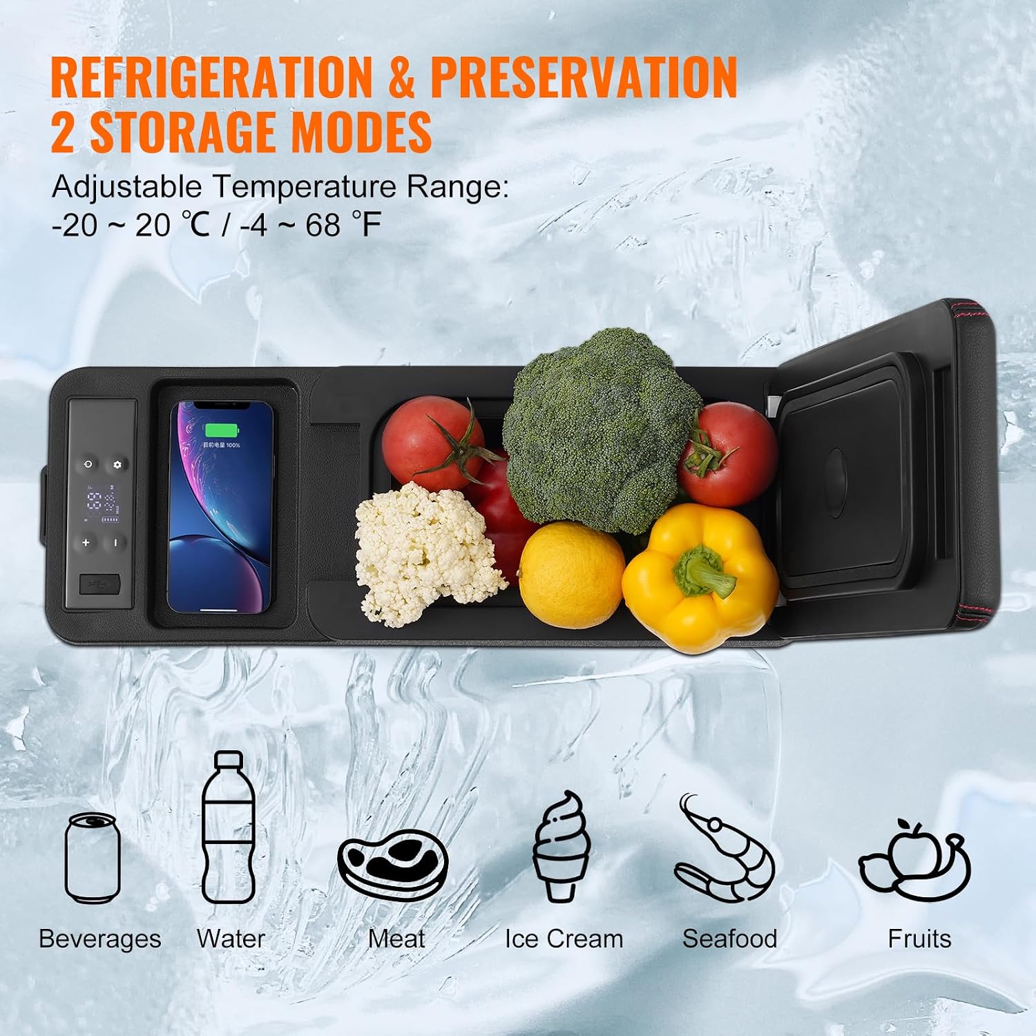 VEVOR Car Refrigerator, 12 Volt Car Armrest Refrigerator Fridge, 8 L Single Zone Portable Freezer, -4℉-68℉ Adjustable Range, 12/24V DC and 100-240V AC Compressor Cooler for Outdoor, Camping