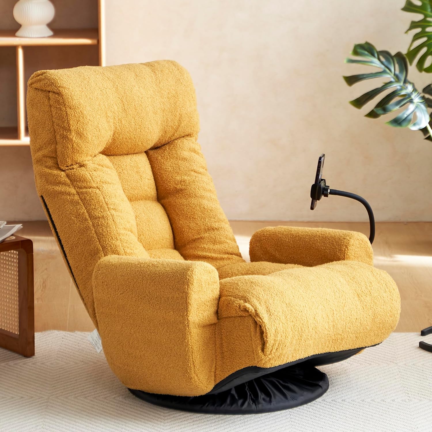 Yoglad Japanese Style Chaise Lounge Sofa with Phone Holder, 360-Degree Swivel Chair Floor Gaming Chair Lazy Sofa for Reading Game Meditating, 3 Adjustable Positions (Teddy Yellow)