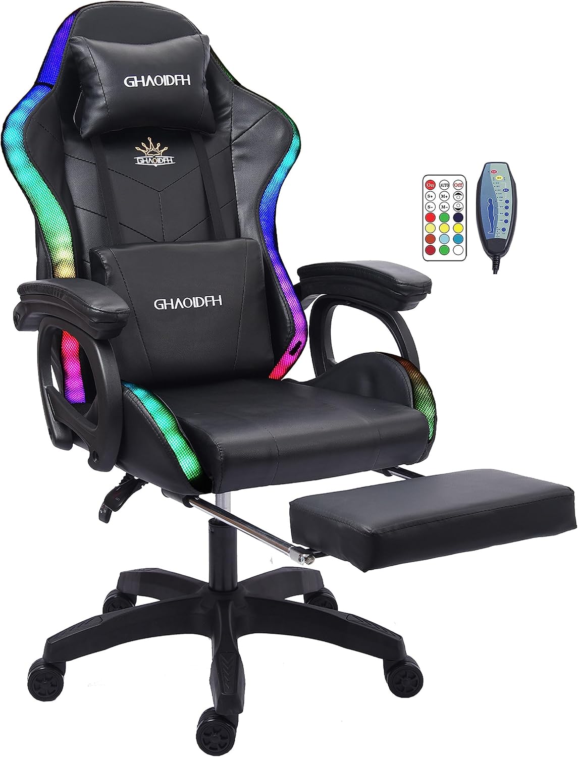 Gaming Chair with Speakers,LED Light Gaming Chair with Massage Lumbar Support,Ergonomic Pro Computer Gaming Chairs,Adult Gaming Chair with Footrest Lumbar Support and Adjustable Backrest.,Bla