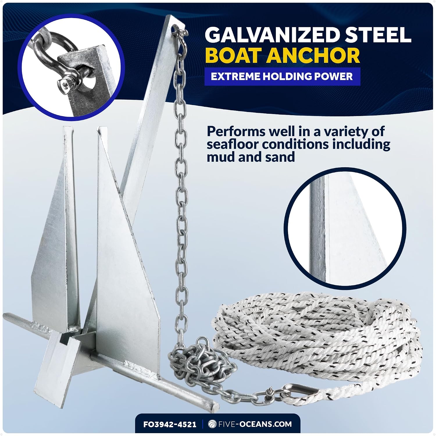 Five Oceans Fluke Boat Anchor, Heavy Duty Hot Dipped Galvanized Steel, Multiple Sizes – Ideal for Pontoon, Dinghies, Boats