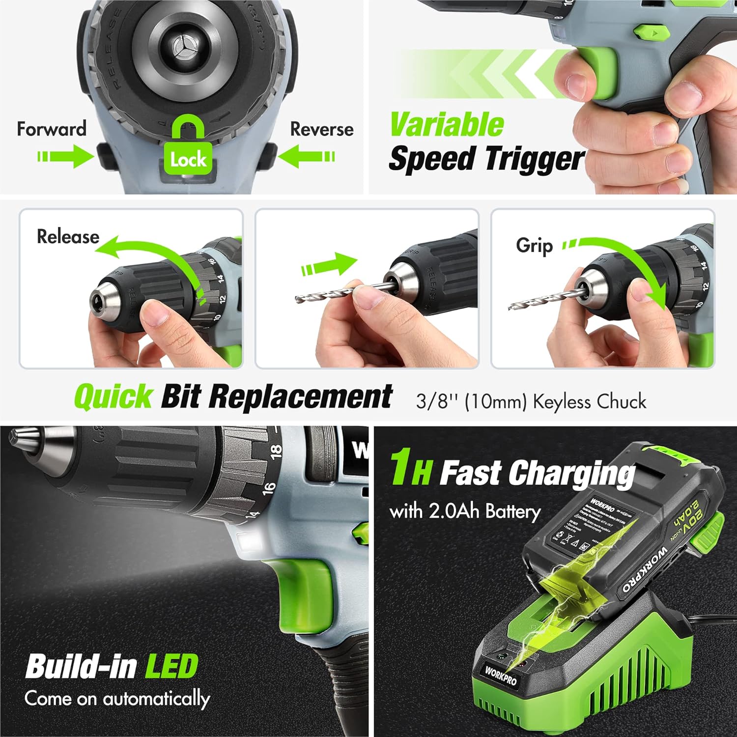 WORKPRO Home Tool Set with 20V Cordless Lithium-Ion Drill Driver, Household Repairing Tool Kit with Drill, 157PCS Power Drill Sets, 14-Inch Wide Mouth Storage Tool Bag, Green