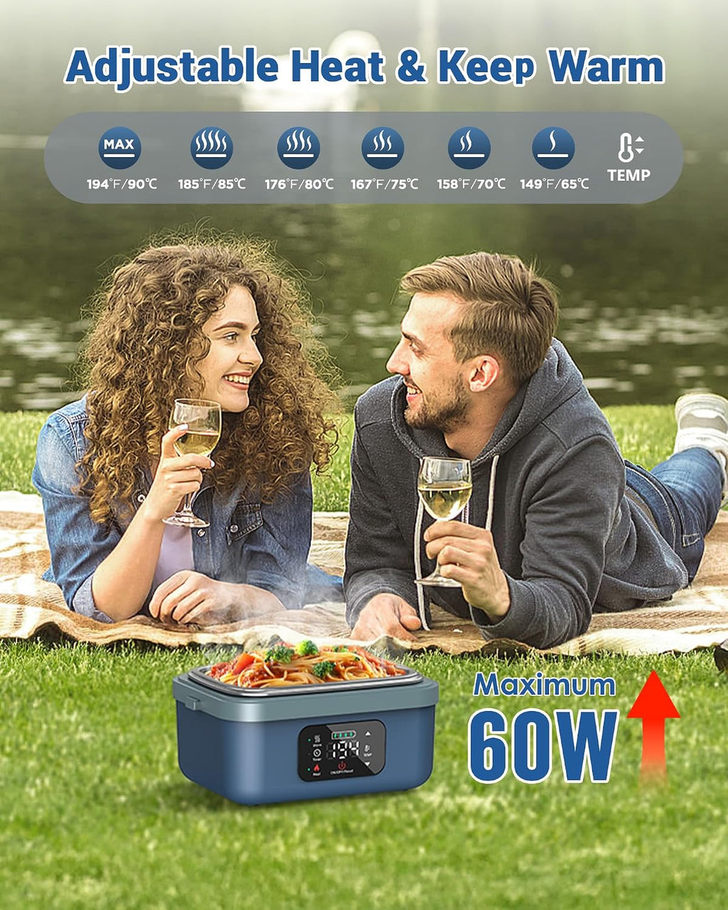 2026 Upgraded Heated Lunch Box for Adults, 16000mAh Cordless Rechargeable Electric Lunch Box with 1L Stainless Steel Container, Self-Heating Food Warmer for Work, Office & Travel