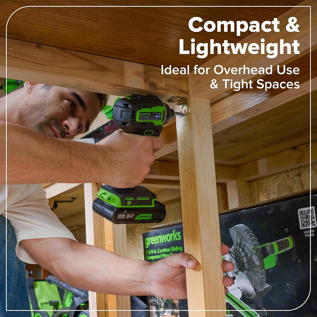 Greenworks 24V Cordless Brushless 400 in-lbs Drill/Driver+1950 in-lbs Impact Driver Combo,High Torque, Lightweight, (2) 2.0Ah USB-C Batteries(12,000mAh Power Bank) and 65W USB-C Fast Charger(3-Port)