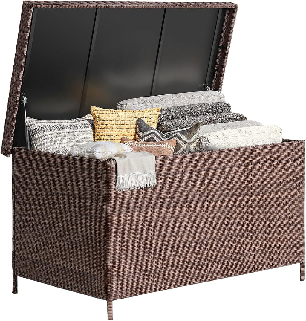 ONBRILL 158 Gallon XL Deck Box with Lid, All Weather Wicker Outdoor Storage Box Waterproof, Large Outdoor Patio Storage Bin for Cushions, Garden Tools, Gears, Brown