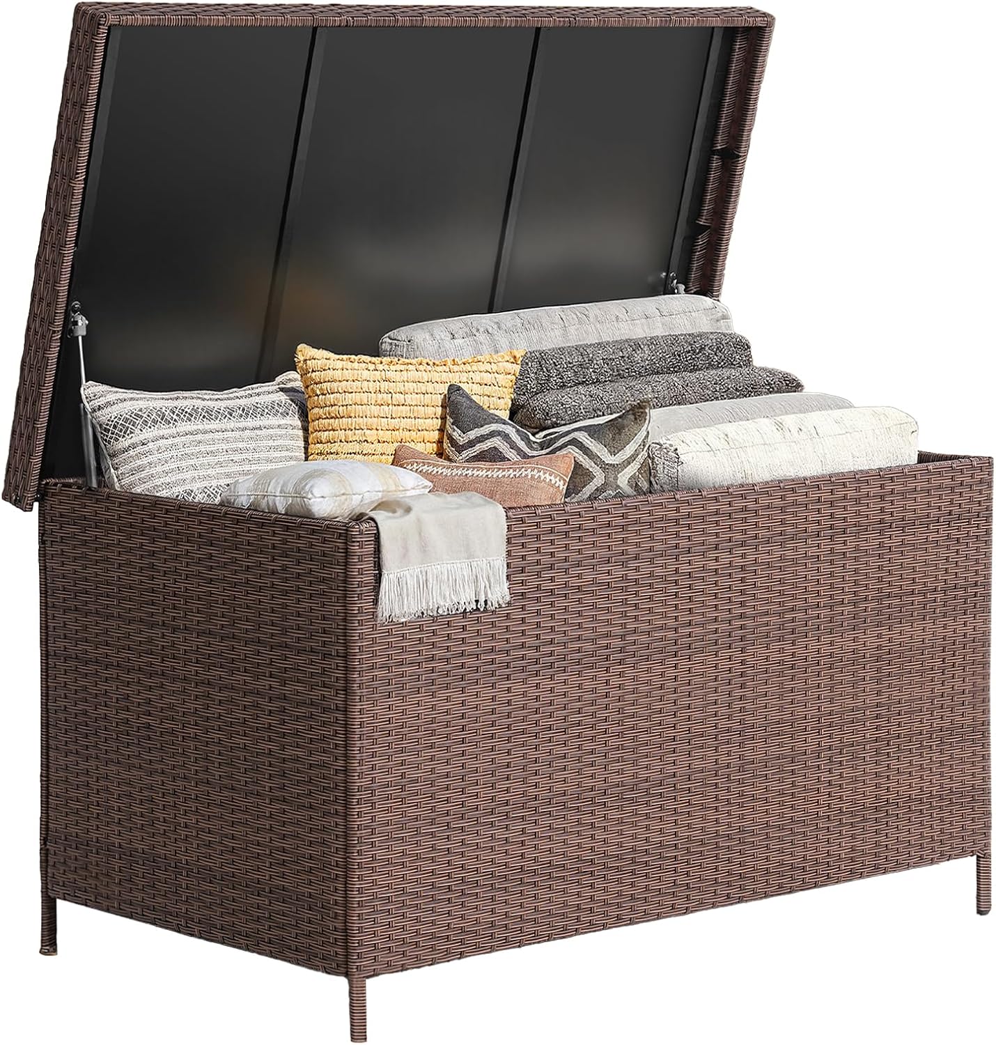 ONBRILL 158 Gallon XL Deck Box with Lid, All Weather Wicker Outdoor Storage Box Waterproof, Large Outdoor Patio Storage Bin for Cushions, Garden Tools, Gears, Brown