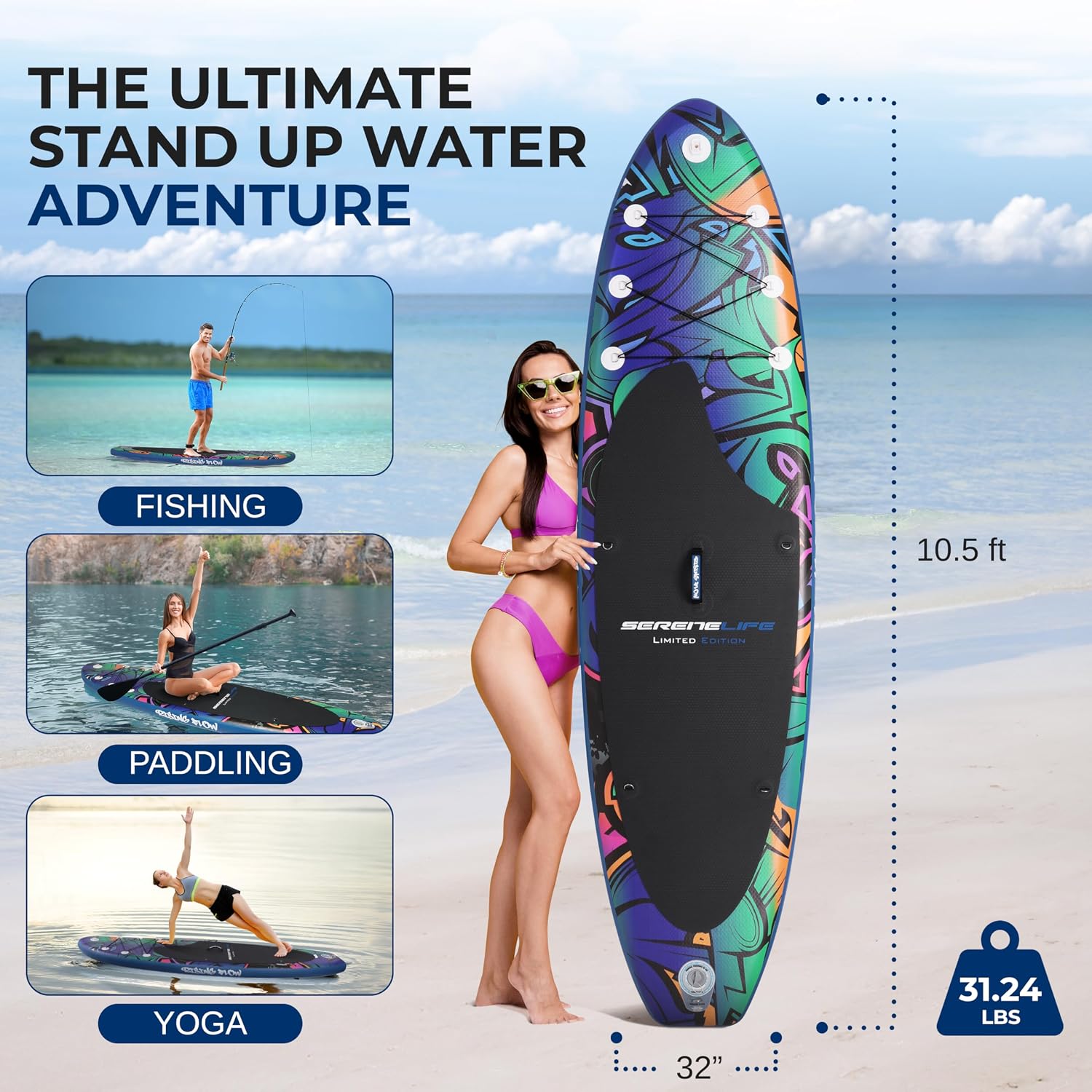 SereneLife Inflatable Stand Up Paddle Board Set - SUP with 32' Wide Stable Design, Includes Detachable Seat, 3-Shaft Paddle, Electric Paddle Board Pump, Non-Slip EVA Deck - 350 lbs Capacity