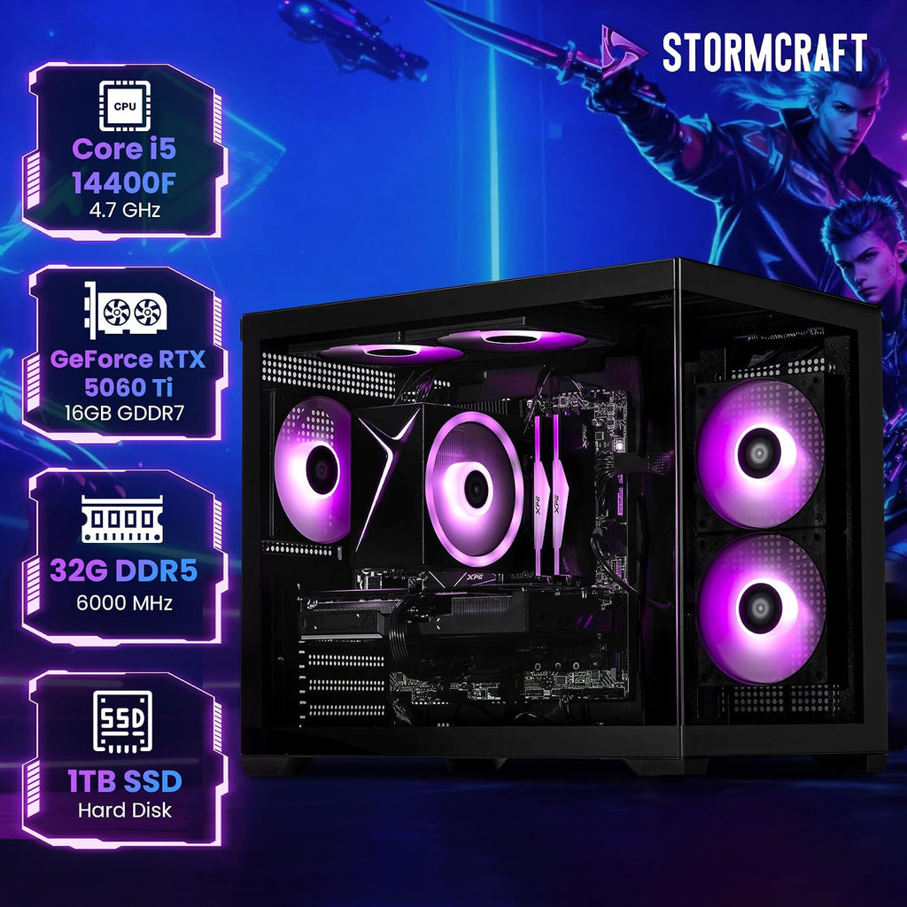 STORMCRAFT Sirius Gaming Desktop Intel i5 14400F,RTX 5060 Ti 16GB,32GB DDR5 6000 MHz,1TB NVMe SSD,B760 Chipset,USB Type-C,VR-Ready,Wi-Fi 6E,Bluetooth,Win 11 Home,AI Gaming PC Tower Computers