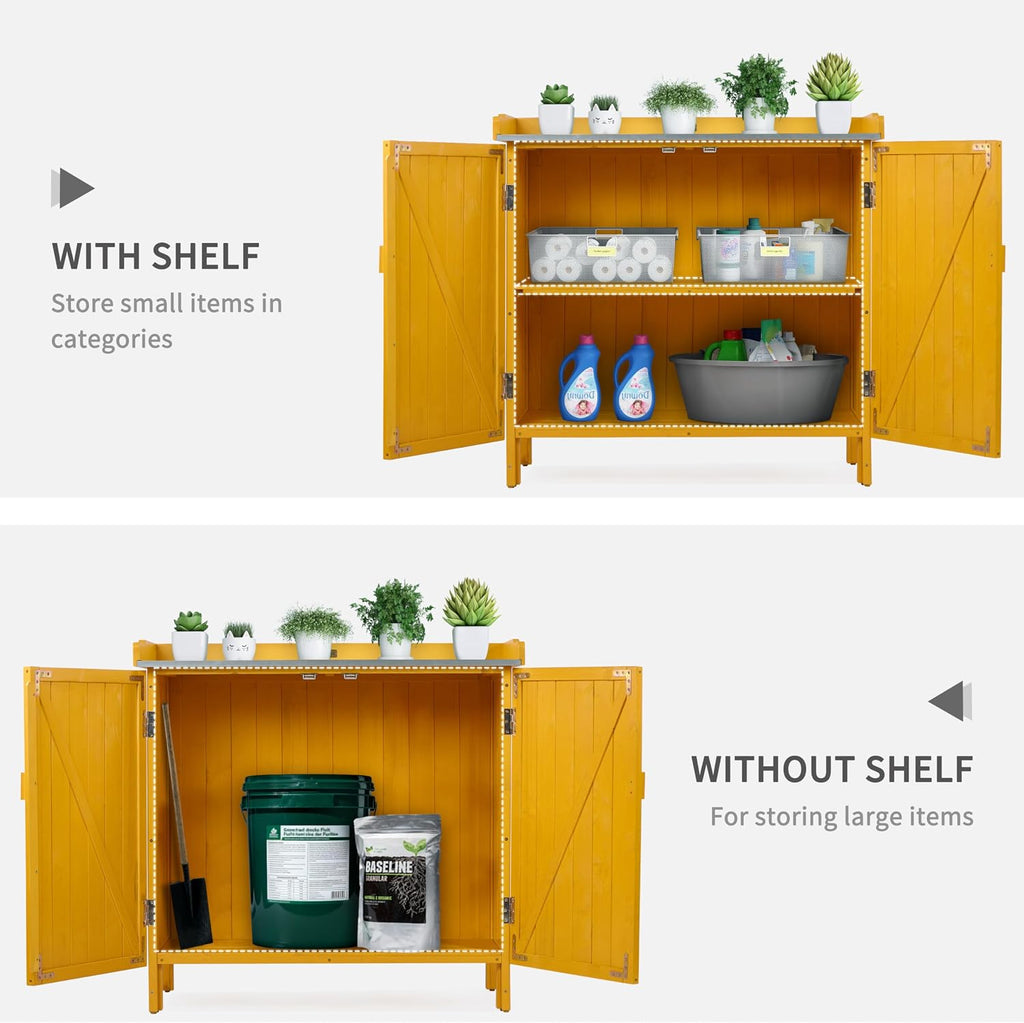 HABAU Outdoor Storage Cabinet with Potting Bench & Metal Tabletop, Wooden Planting Workstation for Garden Patio, Weatherproof