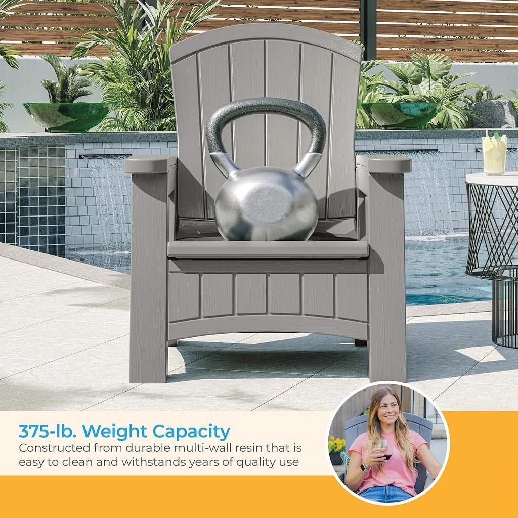 Suncast Outdoor Patio Adirondack Chair with 8 Gallons of Under-Seat Storage, Stylish Faux Wood Outdoor Storage Chair, Dove Gra