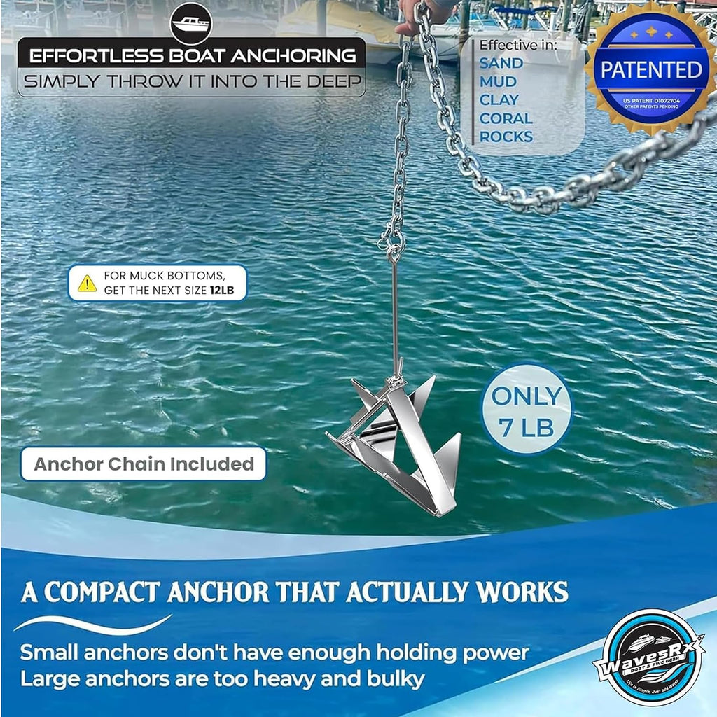WAVESRX TriAnchor - Stainless Steel Folding PWC & Boat Anchor | Sets Instantly for Effortless Boat & Jet Ski Anchoring | Compact Patent-Pending Design Grips Better Than Plow, Fluke or Box Anchor