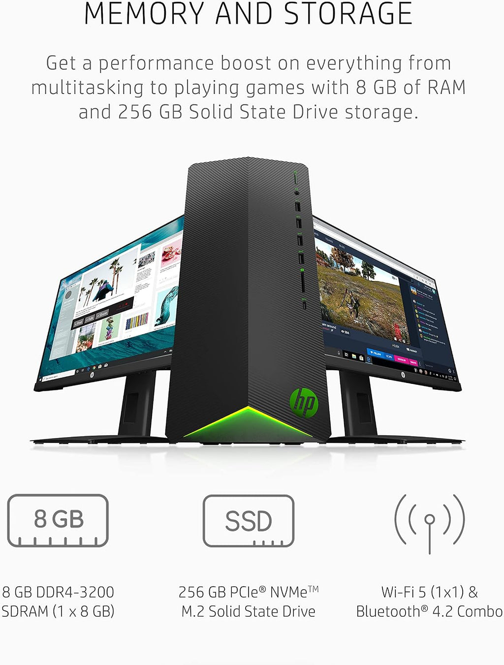 HP Pavilion Gaming PC, AMD Ryzen 3 5300G Processor, 8 GB RAM, 256 GB SSD, Windows 11, Wi-Fi 5 & Bluetooth 4.2 Combo, 9 USB Ports, Pre-Built Gaming PC Tower, Mouse and Keyboard (TG01-2010, 2021)