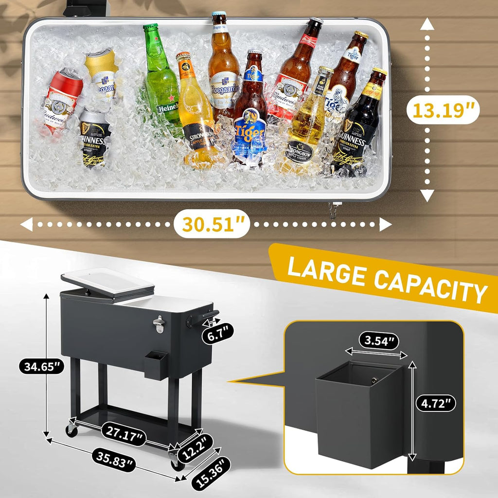 Outvita 80 Quart Rolling Ice Chest, Portable Bar Drink Cooler with Catch Basin, Bottom Storage Tray and Bottle Opener for Patio Party BBQ Beach Activities