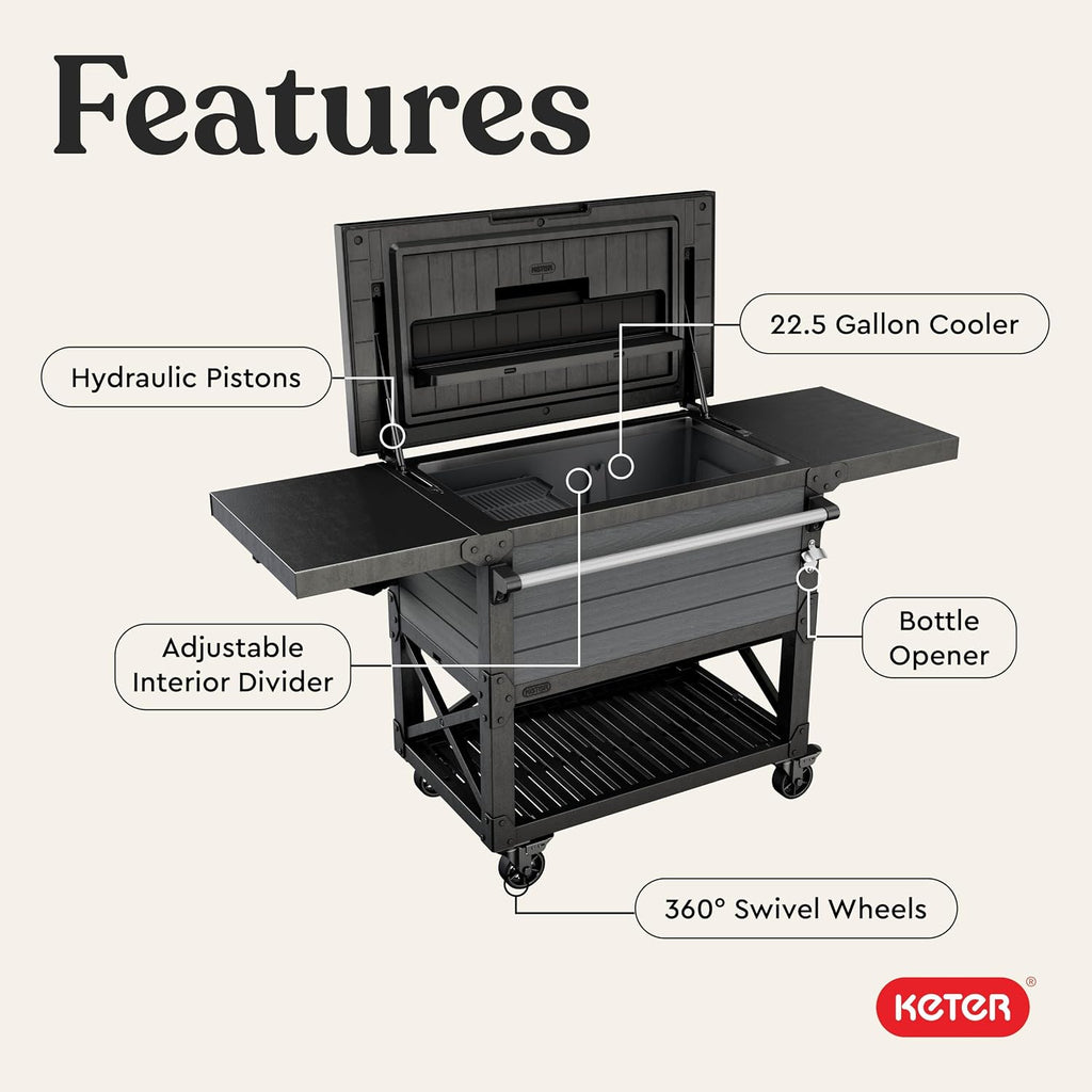 Keter 89.8 Qt Portable Outdoor Patio Cooling Chest, Ice Chest Beverage Party Bar Cart Table with Swivel Wheels, Shelves, and Bottle Opener, Graphite