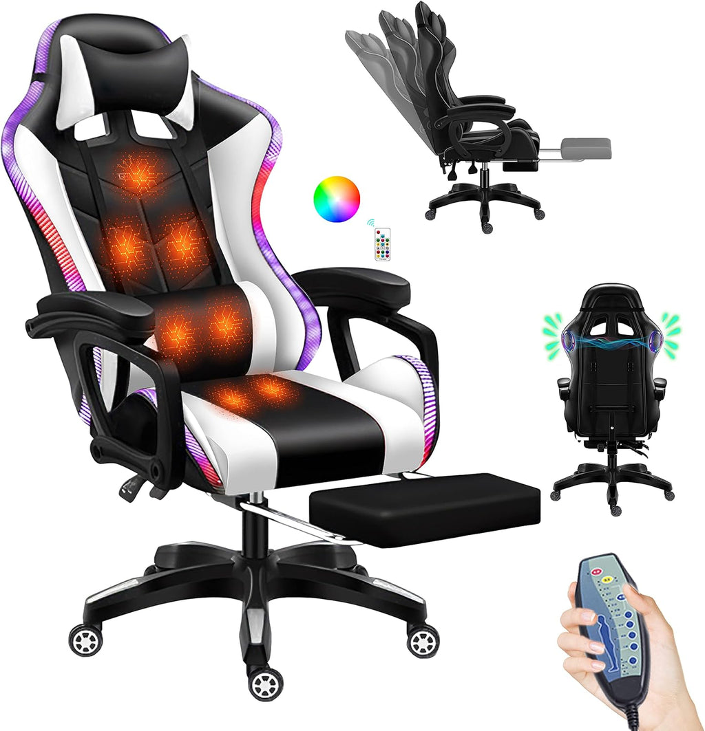 Gaming Chair, Gaming Chair with 7-Point Massage Function, Computer Chair with Speakers and RGB Lights, Ergonomic Racing Chair, Gaming Chair for Adults with Headrest and Lumbar Pillow.,White