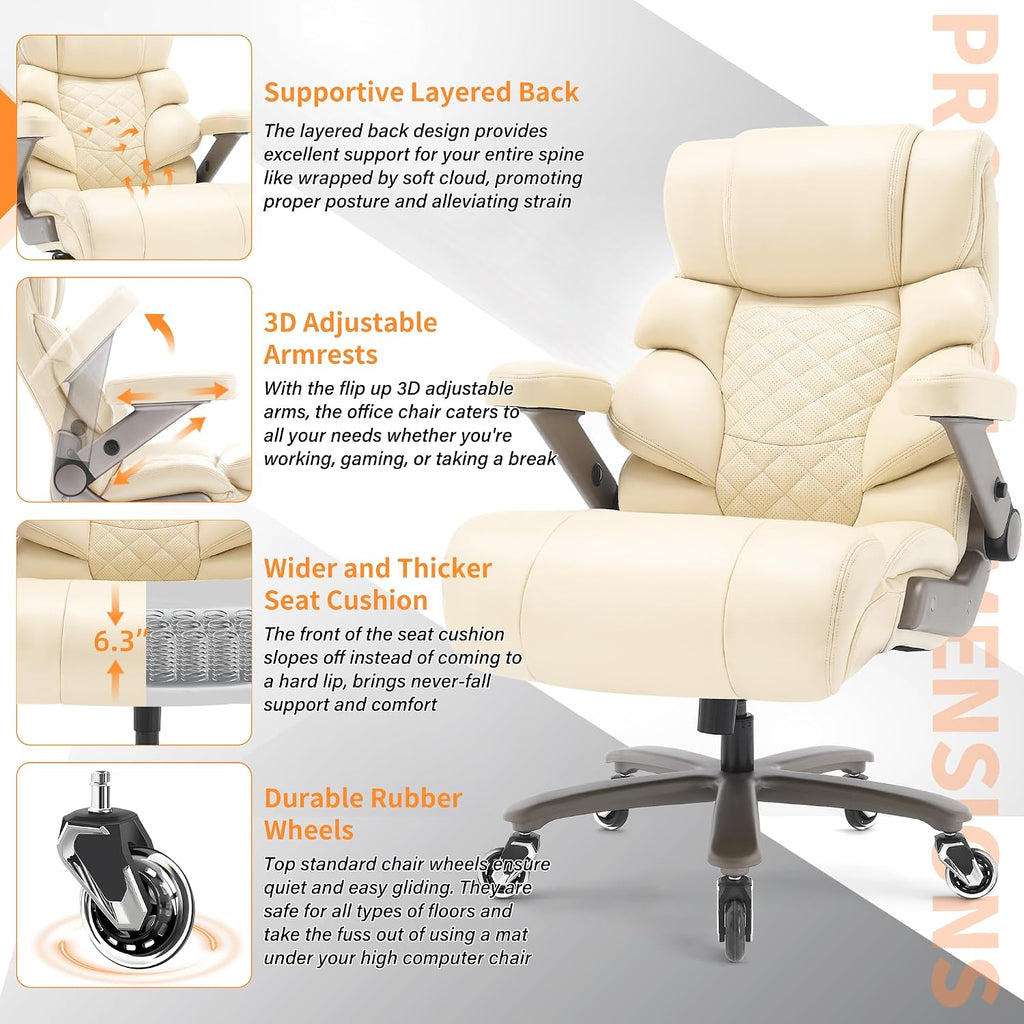 VUZI 700lbs Big and Tall Office Chair-Large Computer Chair with Adjustable Lumbar Support 3D Flip Arms Plus Size Wheels, High Back Executive Desk Chair, Heavy Duty Metal Base, Thick Padded Wide Seat
