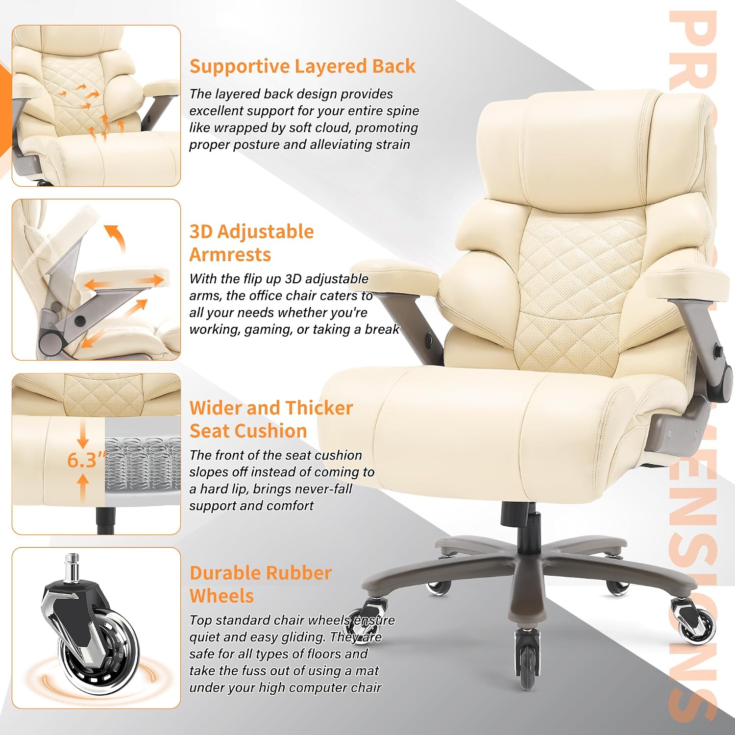 VUZI 700lbs Big and Tall Office Chair-Large Computer Chair with Adjustable Lumbar Support 3D Flip Arms Plus Size Wheels, High Back Executive Desk Chair, Heavy Duty Metal Base, Thick Padded Wide Seat