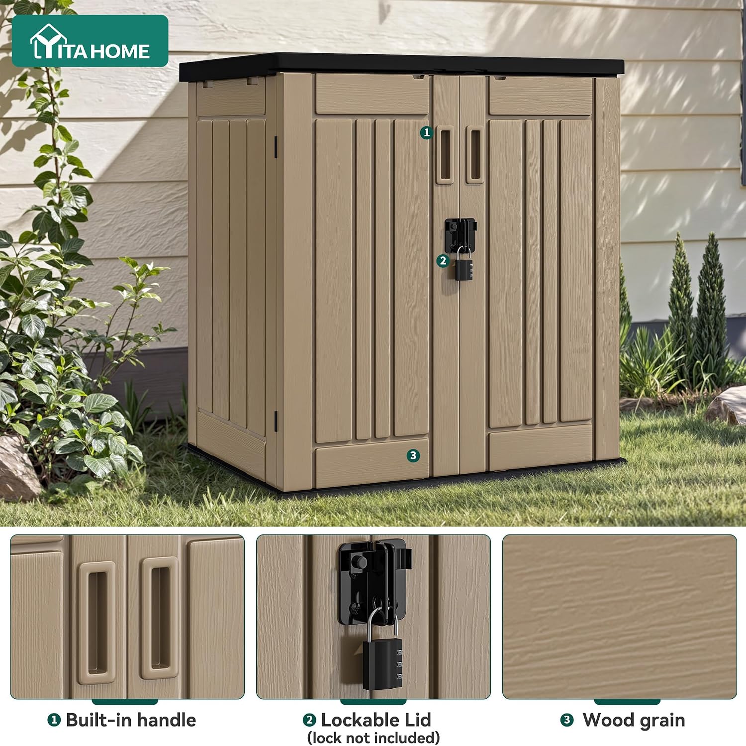 YITAHOME Outdoor Storage Cabinet with 2 Shelves, Waterproof Resin Horizontal Tool Shed, Lockable 15 cu. ft. Storage Shed for Patio, Garden, Yard, Brown