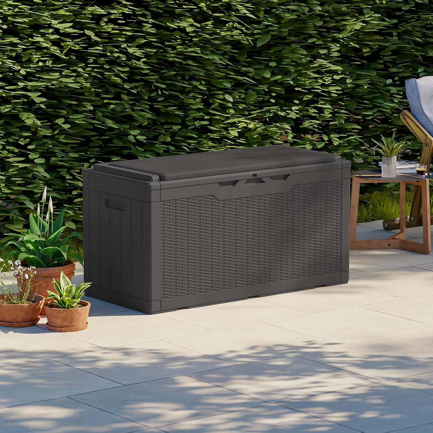 Patiolife 100 Gallon Resin Deck Box with Cushion, Large Outdoor Storage Box for Garden Tools, Pool Supplies, Waterproof and Lockable, Black