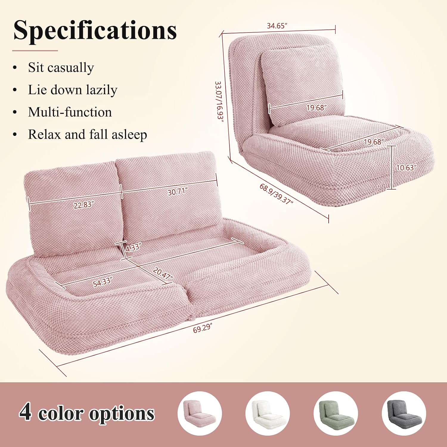 Human Dog Bed, Lazy Sofa Couch, Plush Floor Gaming Chair,5 Adjustable Position, sit, Sleep, fold, Suit to Put in Bedroom, Living Room,Space Saving Design (Pink)
