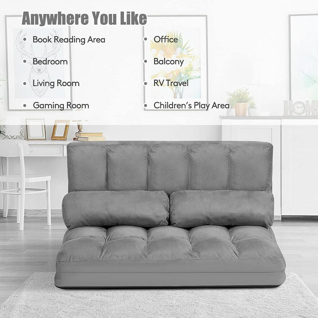 DORTALA Foldable Floor Sofa, 6-Position Adjustable Lounge Couch with 2 Pillows & Suede Cloth Cover, Modern Lounge Mattress Video Gaming Lazy Couch, Floor Seating Sofa, 71' x 44.5', Grey