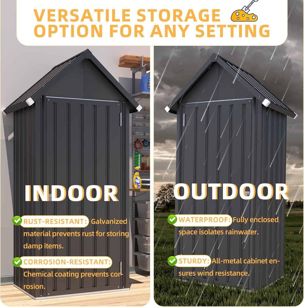 AECOJOY Outdoor Storage Cabinet Waterproof, Vertical Tall Outdoor Storage Cabinet with Shelves, All Weather Metal Vertical Storage Shed & Outdoor Cabient for Garden in Dark Grey