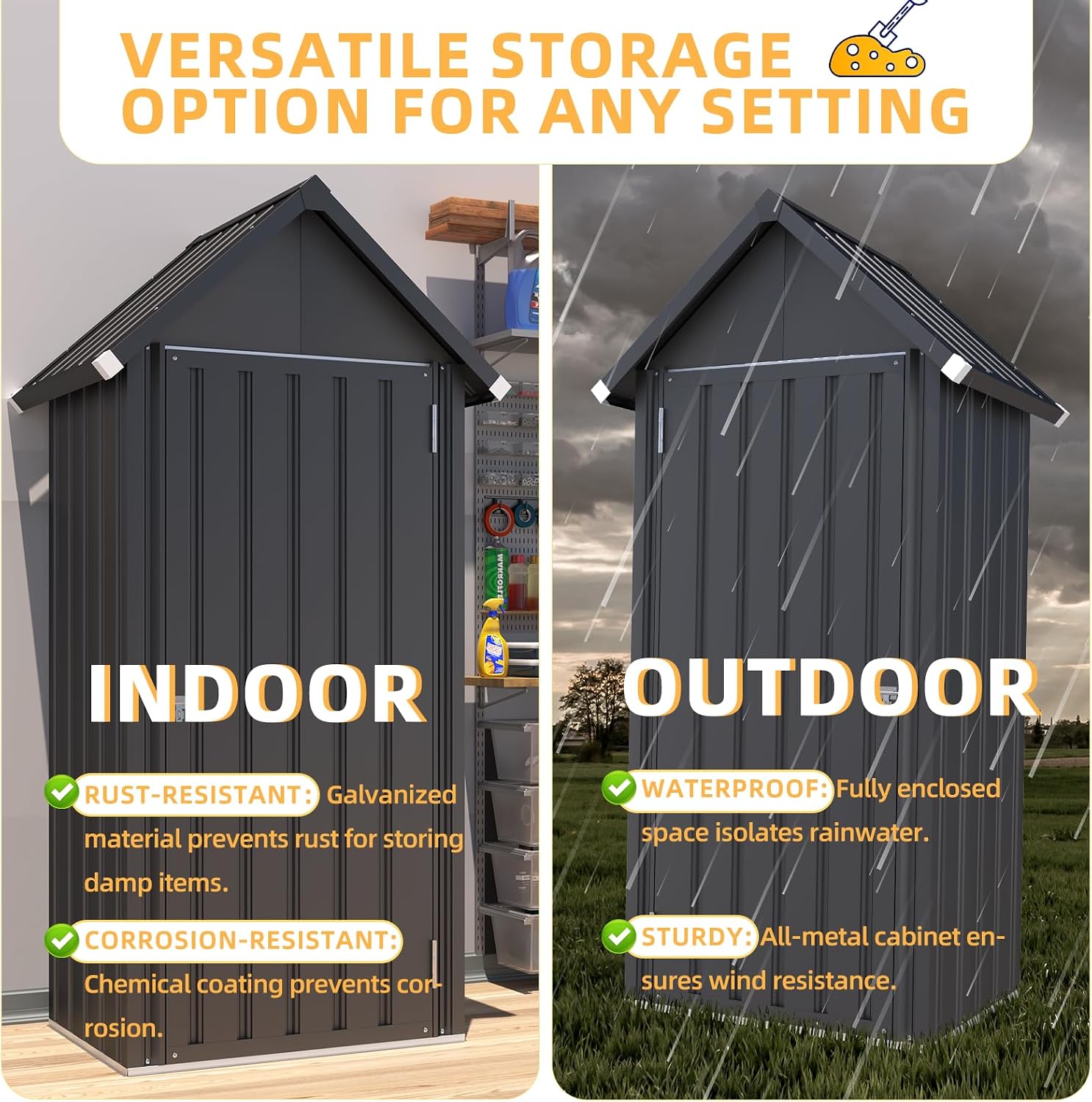AECOJOY Outdoor Storage Cabinet Waterproof, Vertical Tall Outdoor Storage Cabinet with Shelves, All Weather Metal Vertical Storage Shed & Outdoor Cabient for Garden in Dark Grey