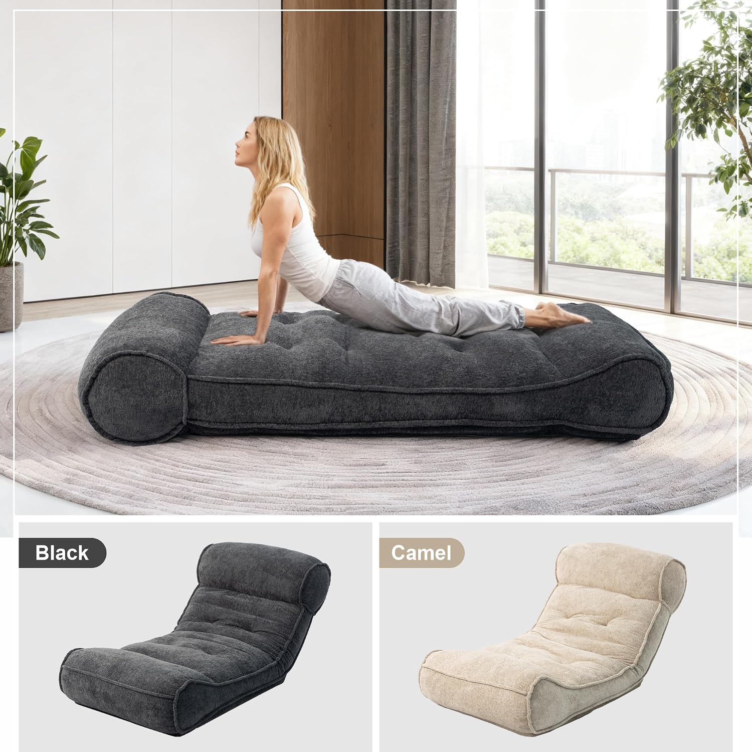 SUNPEAK Lazy Floor Bed 83' – Extra Comfy Sleeper Chaise Lounge Chair Indoor, Adjustable Recliner Floor Lounger, Plush Futon Chair Bed for Yoga, Gaming, Meditation & Reading Nook (Recliner, Black)