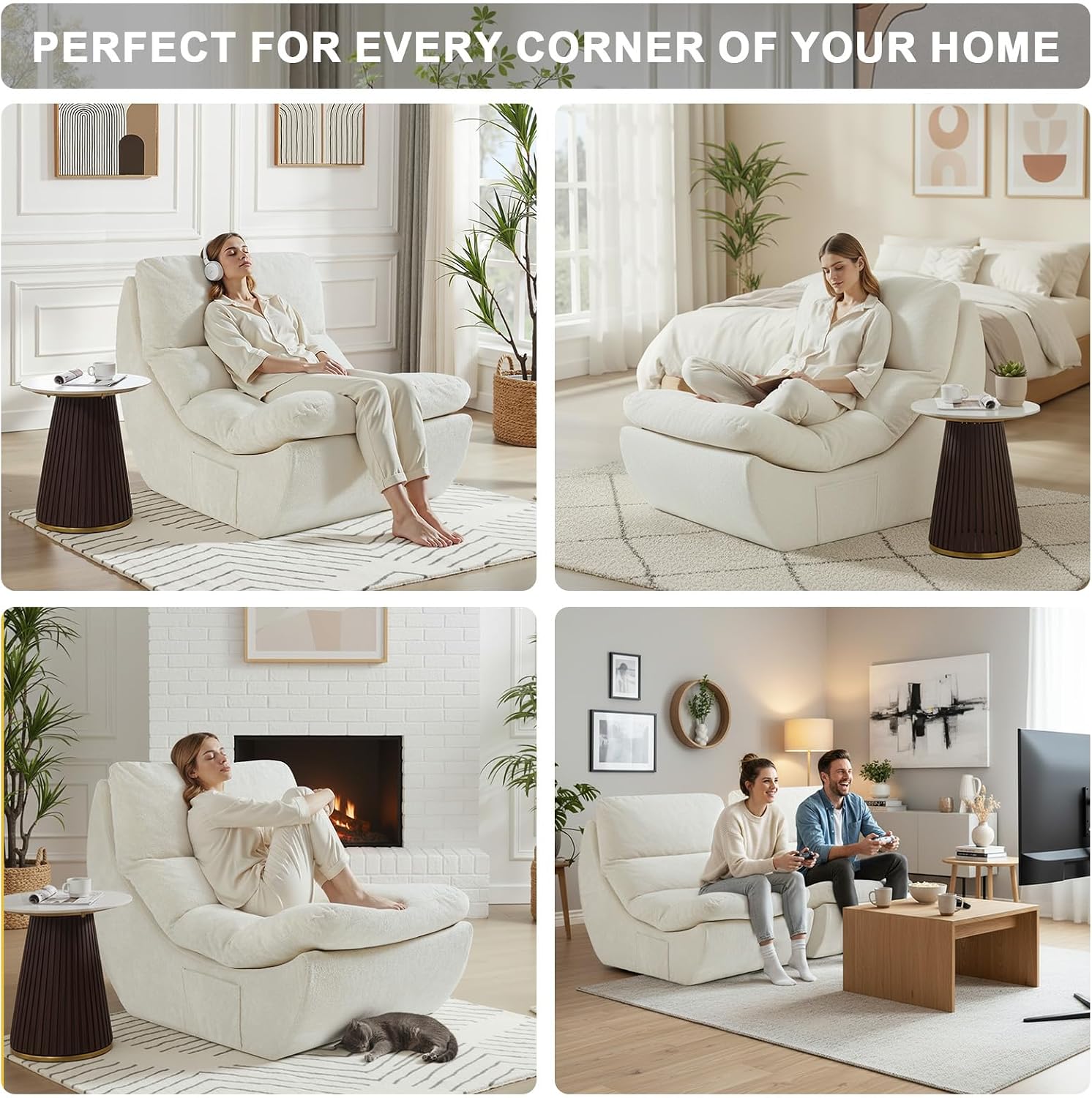 Comfy Reading Chair for Adults, Modular Sectional Sofa Bean Bag Chair, Cloud Boneless Couch Style with High Rebound Foam, Single Seat Compressible Sofa for Living Room & Bedroom, Beige