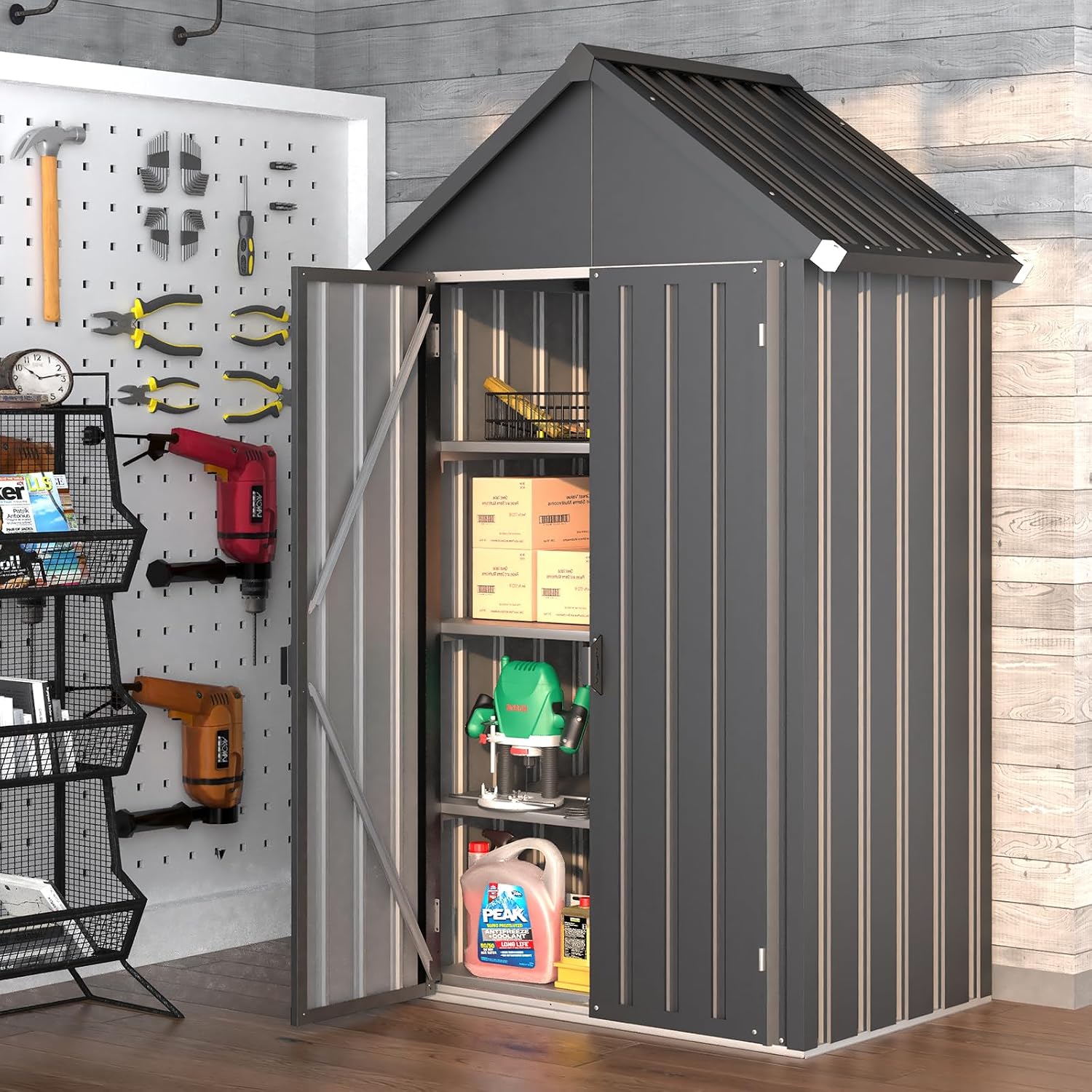 AECOJOY Outdoor Storage Cabinet Waterproof with 3 Adjustable Shelves, Vertical Tall Outdoor Storage Cabinet, Large Capacity Storage Tool Cabinet Box for Backyard Garden Patio Lawn, Dark Grey