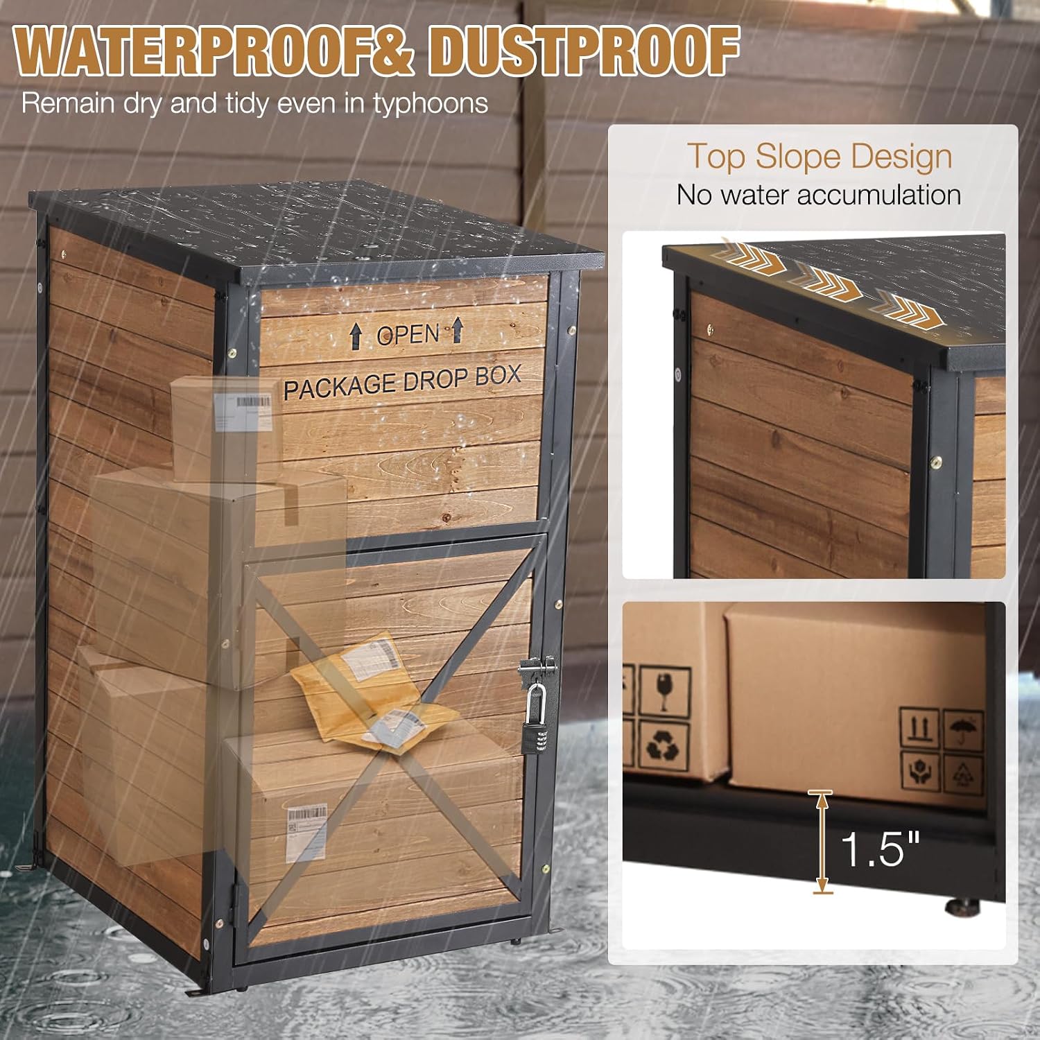 GUTINNEEN Package Delivery Box for Porch with Lockable Secure, Large Outdoor Parcel Storage Anti Theft -Waterproof Parcel Mailbox with Iron Frame & Natural Wood
