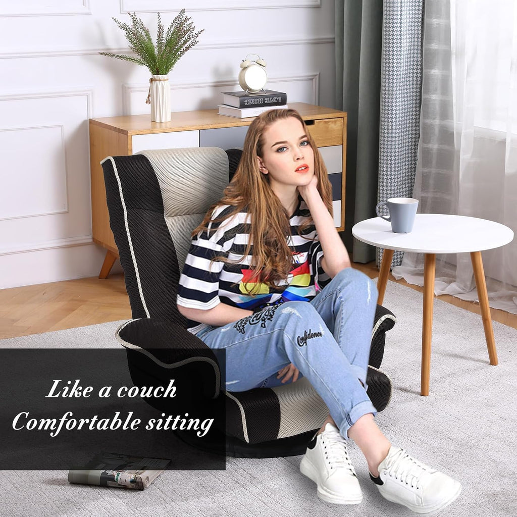 360 Degree Swivle Adjustable Floor Chair, Chaise Lounge Indoor, Folding Lazy Sofa with Armrests and Side Pocket Adults Gaming Chairs for Living Room, Bedroom Factory Price 201 (BK-CO)