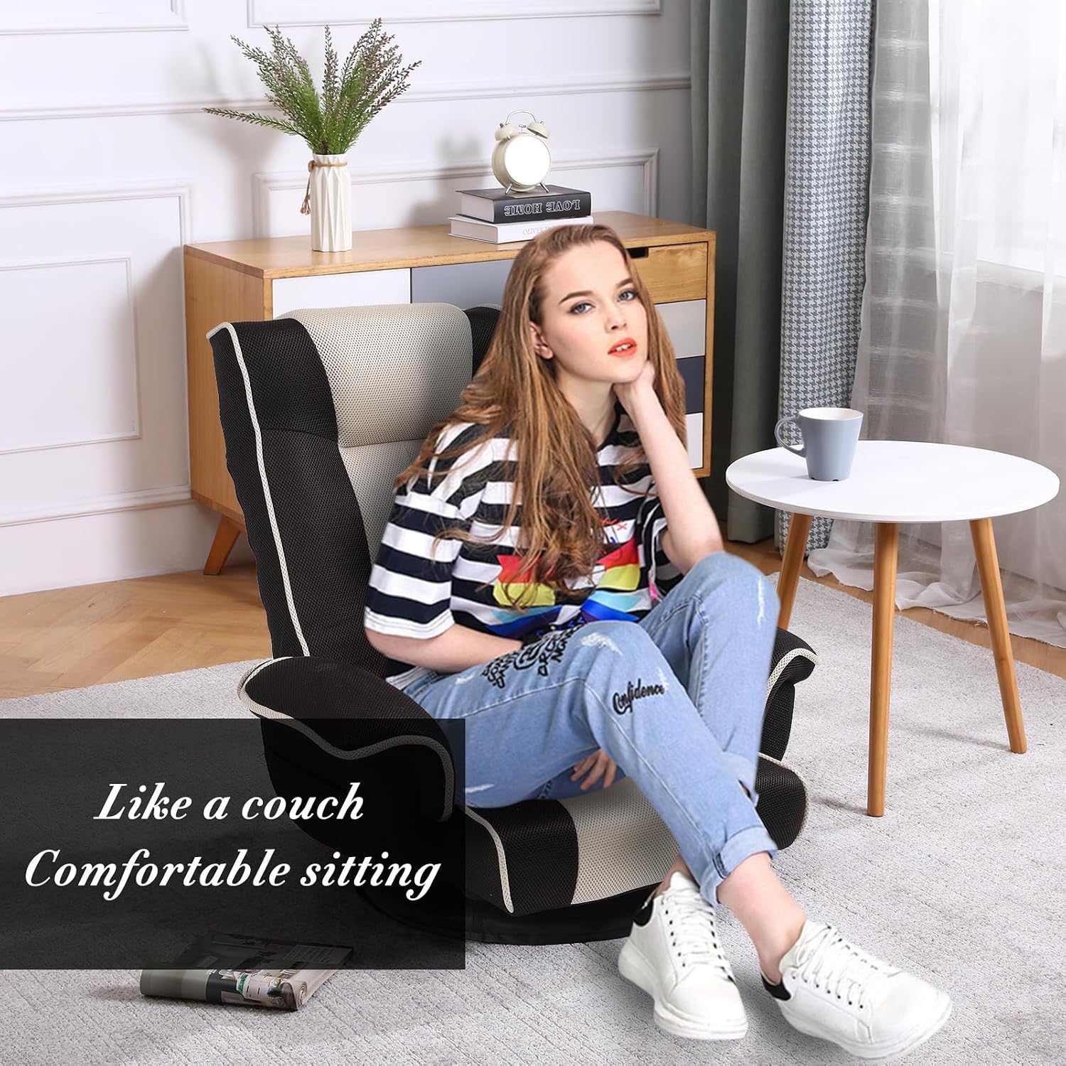360 Degree Swivle Adjustable Floor Chair, Chaise Lounge Indoor, Folding Lazy Sofa with Armrests and Side Pocket Adults Gaming Chairs for Living Room, Bedroom Factory Price 201 (BK-CO)