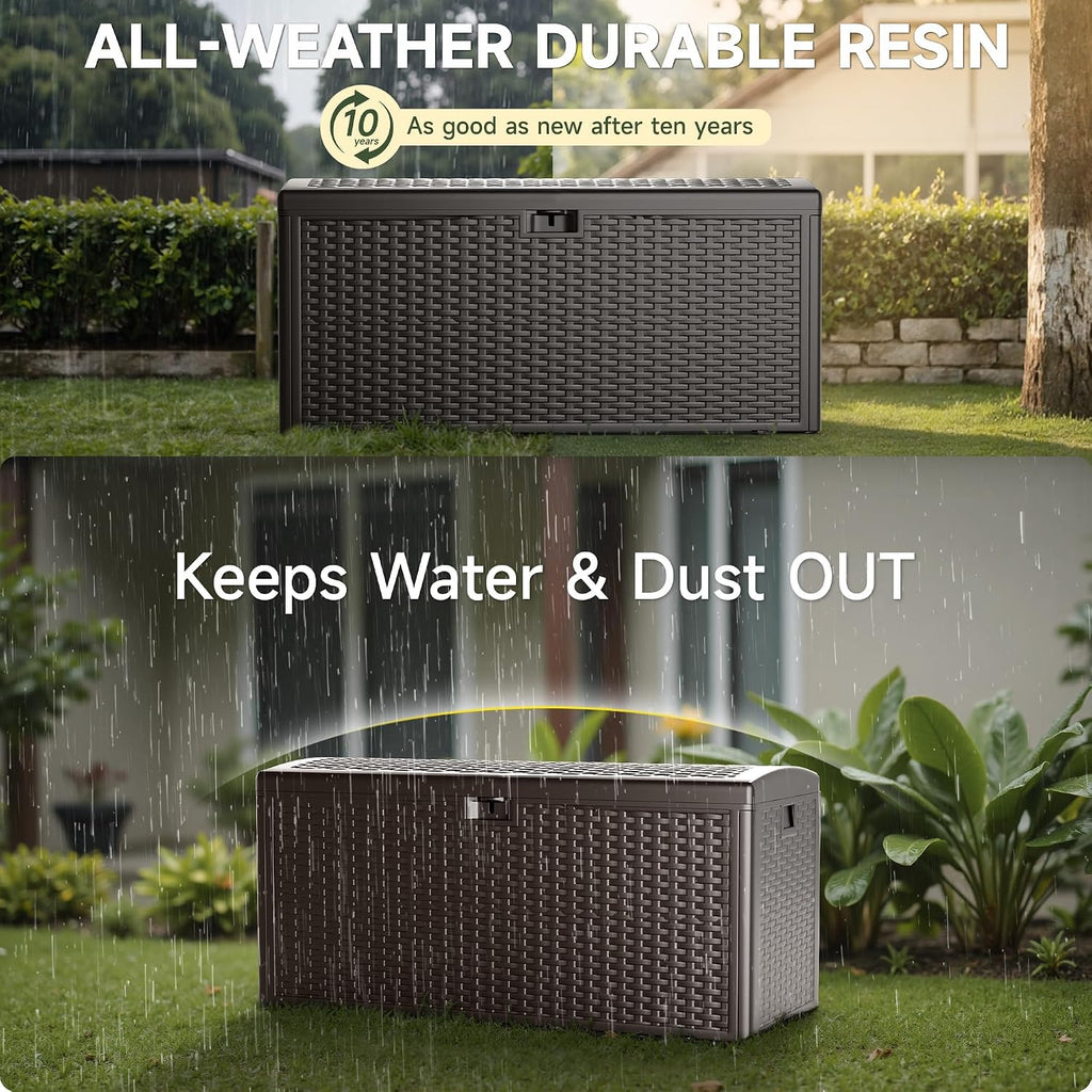 150-Gallon Large Deck Box – Features Lockable, UV-Resistant & Waterproof Double-Layer Resin Construction for All-Weather Outdoor Storage (Brown)