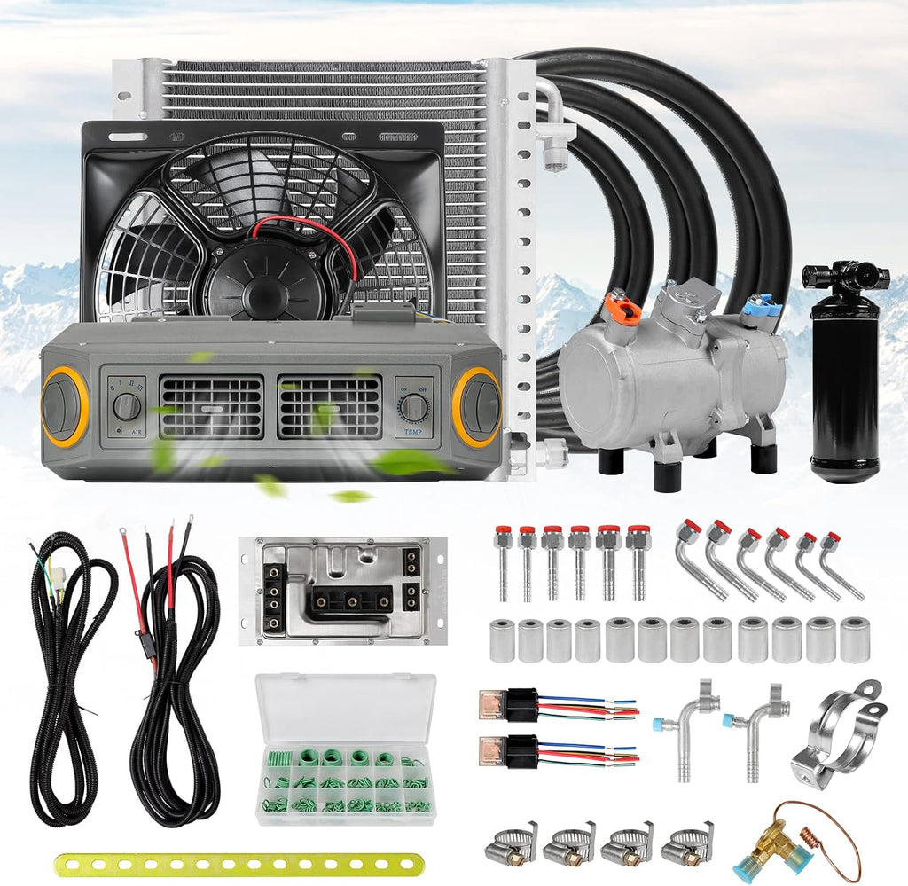 12V car electric air conditioning unit DC air conditioning kit, applicable to electric A/C systems of cars, pickup trucks, RV, trucks, agricultural vehicles, excavators, etc (Voltage 12V)