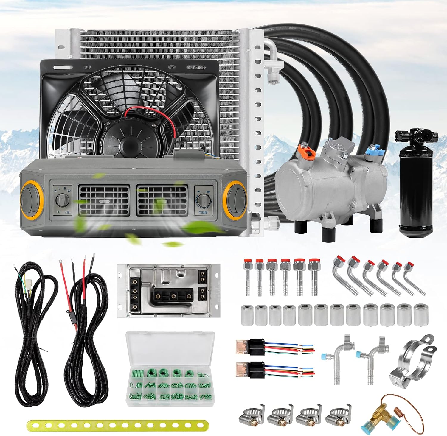 12V car electric air conditioning unit DC air conditioning kit, applicable to electric A/C systems of cars, pickup trucks, RV, trucks, agricultural vehicles, excavators, etc (Voltage 12V)