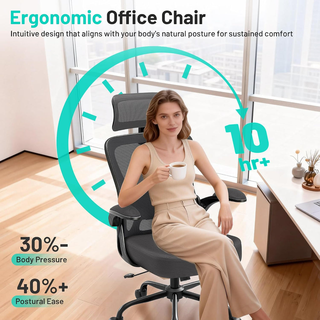 AreShark Office Chair - Ergonomic Desk Chair Breathable Mesh Chair with 2D Headrest & Adjustable Lumbar Support - Executive High Back Rolling Swivel Computer Gaming Chair with Wheels Flip-up Armrests
