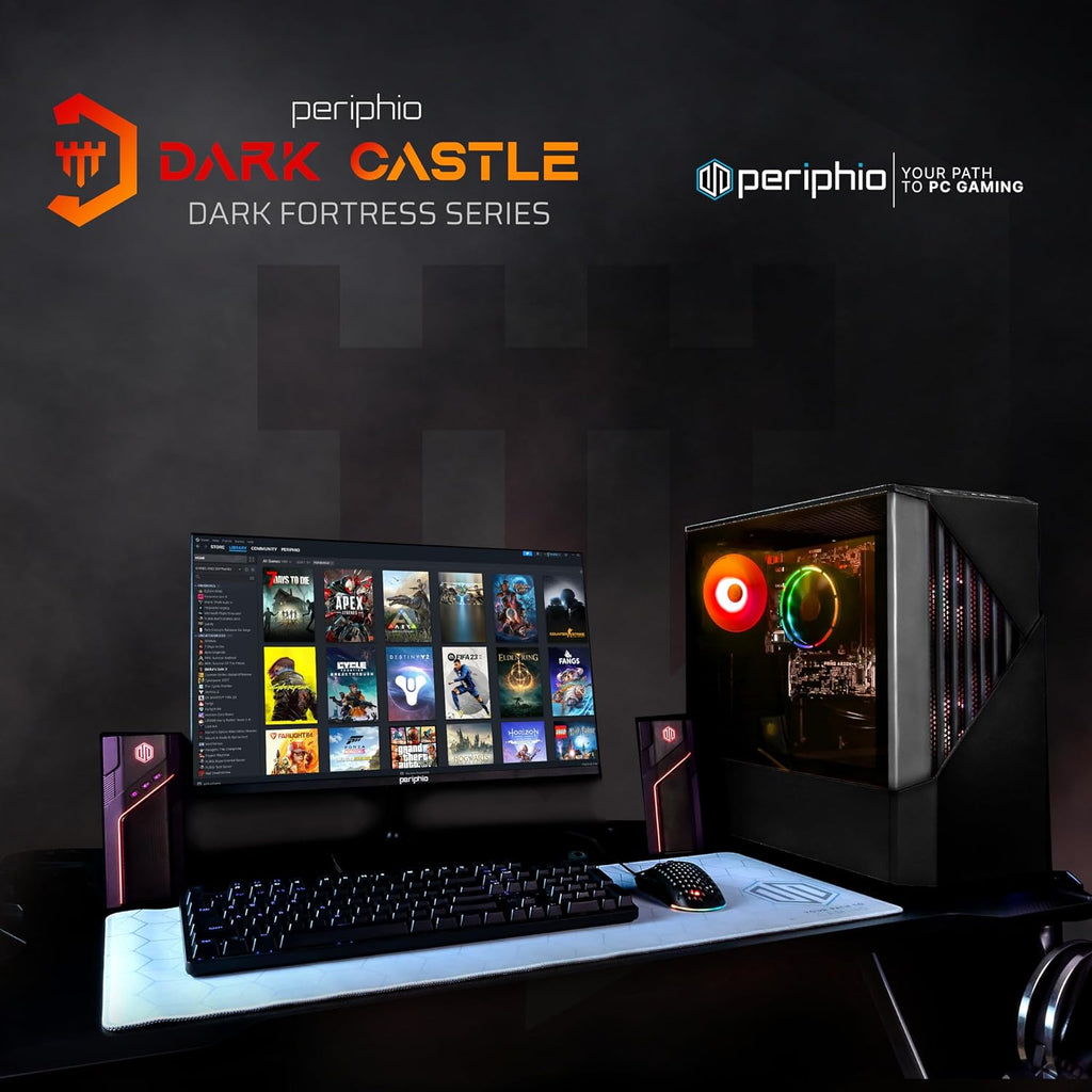 Periphio Dark Castle Prebuilt Gaming PC - AMD Ryzen 5 5600G CPU (4.4GHz Turbo) | Radeon Vega 7 iGPU (4GB) | 1TB M.2 NVMe SSD Storage | 16GB DDR4 RAM | Wi-Fi + BT | Windows 11 Gaming Desktop Computer