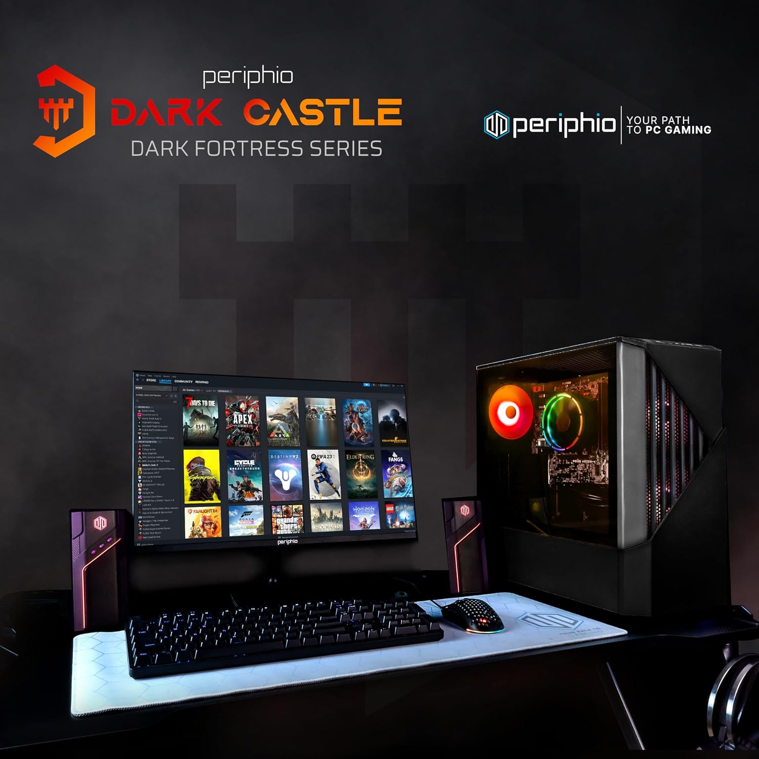Periphio Dark Castle Prebuilt Gaming PC - AMD Ryzen 5 5600G CPU (4.4GHz Turbo) | Radeon Vega 7 iGPU (4GB) | 1TB M.2 NVMe SSD Storage | 16GB DDR4 RAM | Wi-Fi + BT | Windows 11 Gaming Desktop Computer