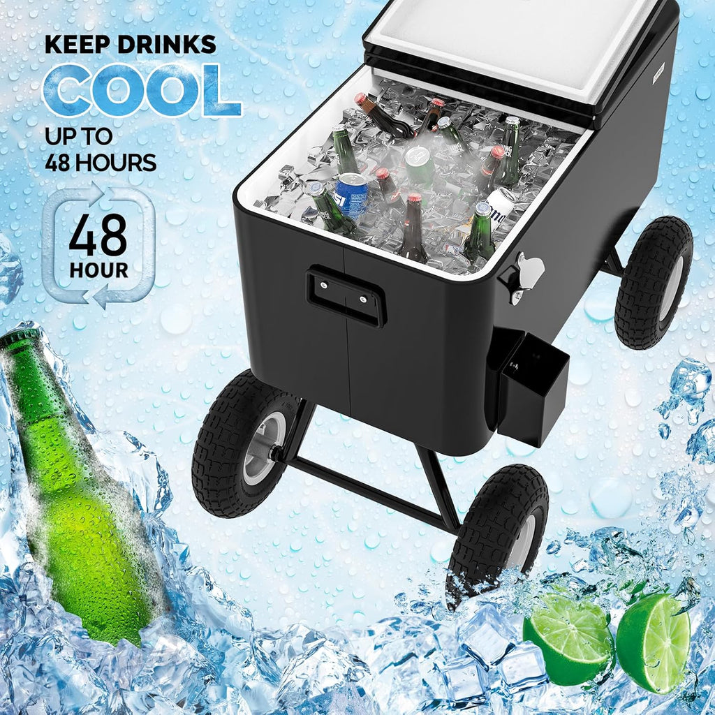 VINGLI 80 Quart Wagon Rolling Cooler Ice Chest, w/Long Handle and 10' Wheels, Portable Beach Patio Party Bar Cold Drink Beverage, Outdoor Park Cart on Wheels