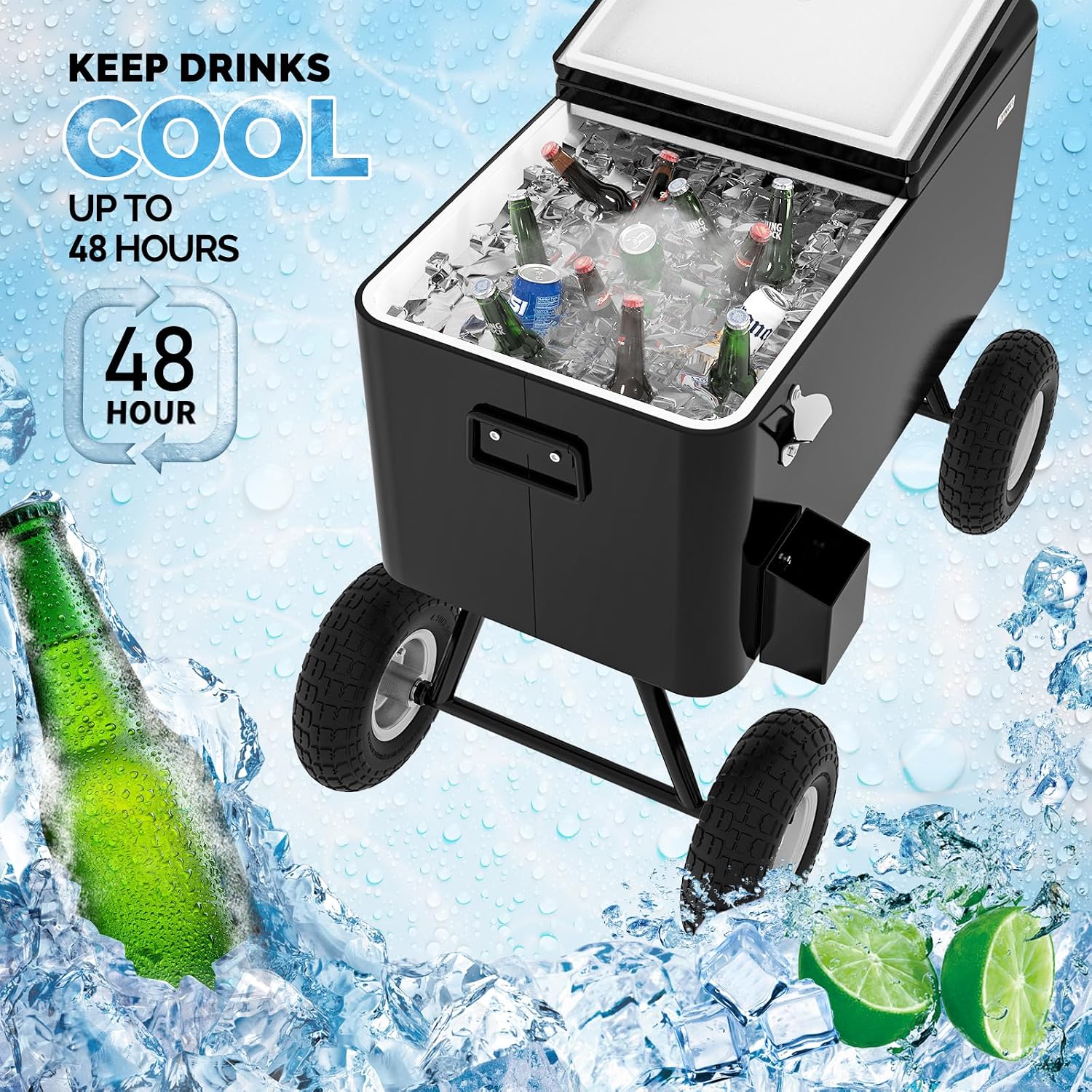 VINGLI 80 Quart Wagon Rolling Cooler Ice Chest, w/Long Handle and 10' Wheels, Portable Beach Patio Party Bar Cold Drink Beverage, Outdoor Park Cart on Wheels