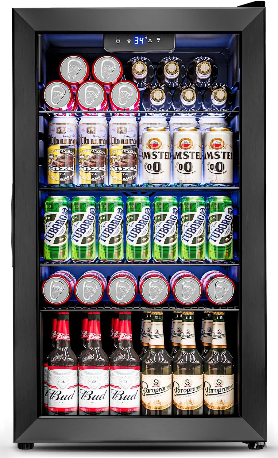Feelfunn 3.2 Cu.Ft Mini Fridge with Glass Door - 126 Can Beverage Refrigerator Cooler for Drink Beer Wine Soda, Small Fridge for Bedroom Office Bar Dorm, 4 Adjustable Shelves, Black
